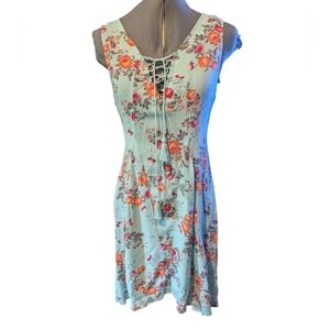Paperdoll Blue Floral‎ Print Women's Scoop Neck Sleeveless Sun Dress Size Medium